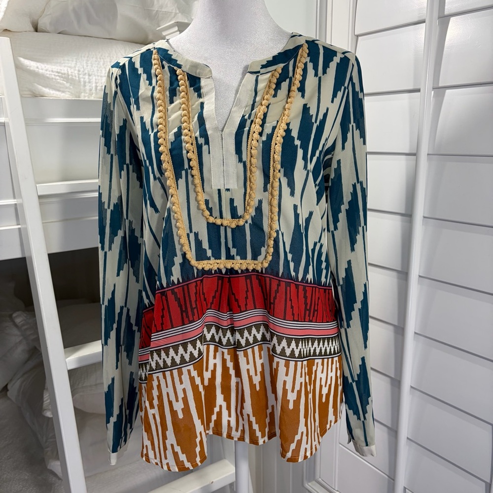 Maeve Anthropologie Rohana Embellished Henley Sheer Blouse (4) - Picture 3 of 7
